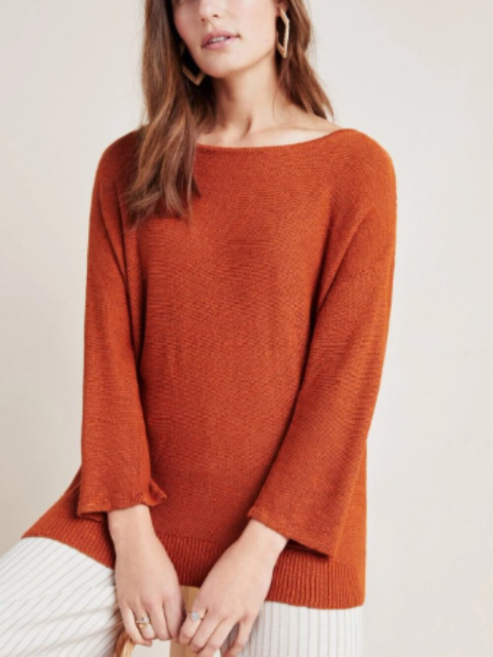 Anthropologie Mayfield Linen Sweater Top in Honey Burnt Orange. Size S